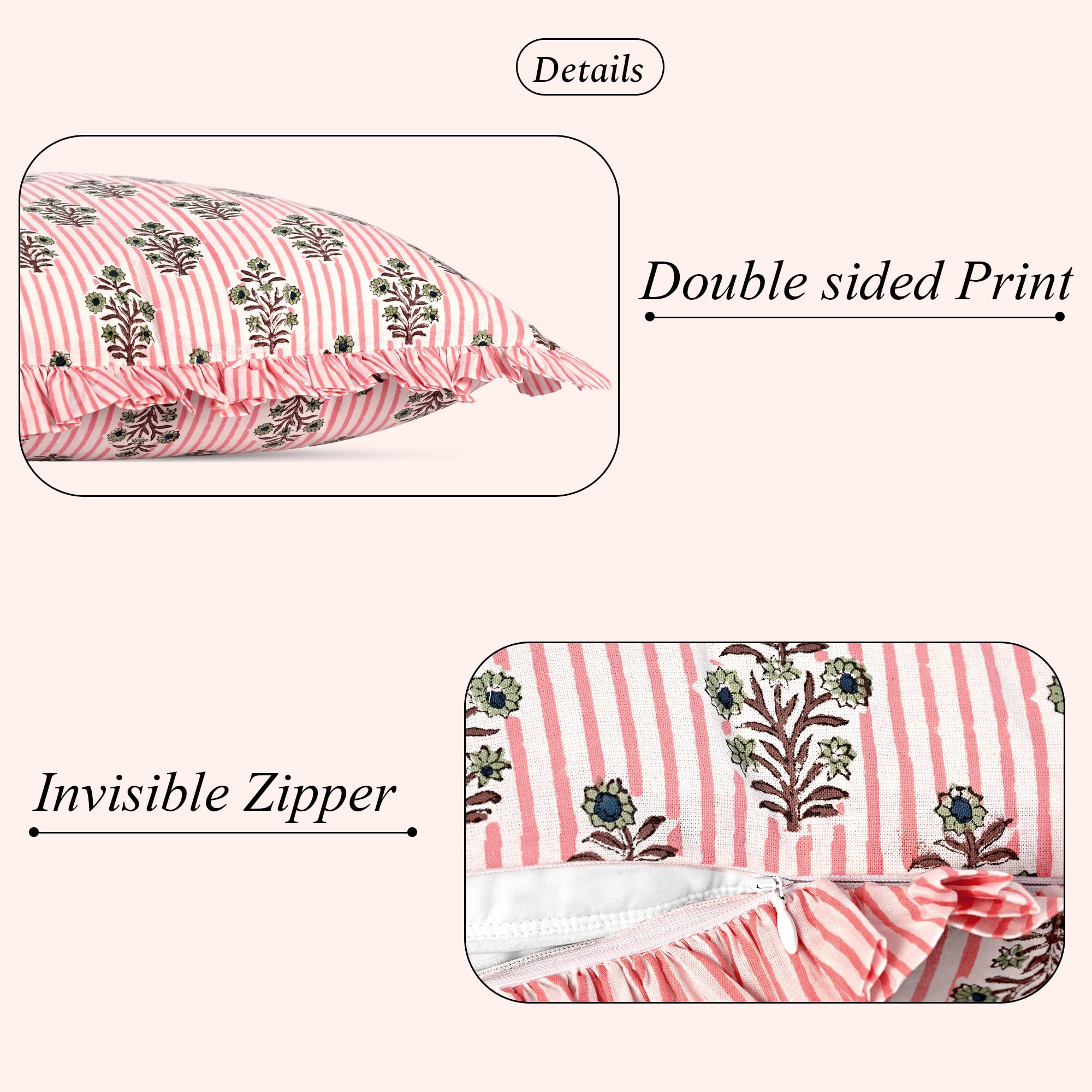 Hand Block Print Cotton Throw Pillow Cover - Salmon Blossom