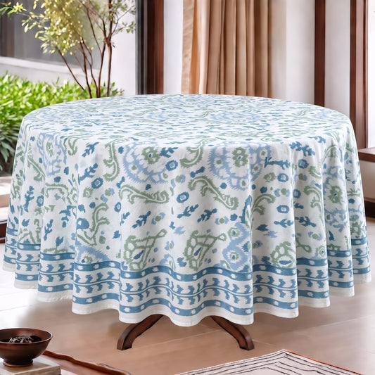 Ridhi coastal ikat blue & sage green hand block print round cotton tablecloth