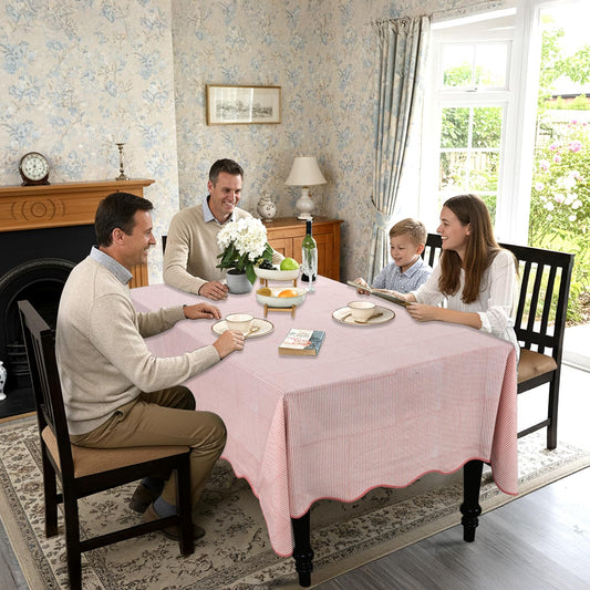 Hand Block Print Cotton Tablecloth - Taffy Pink Stripe