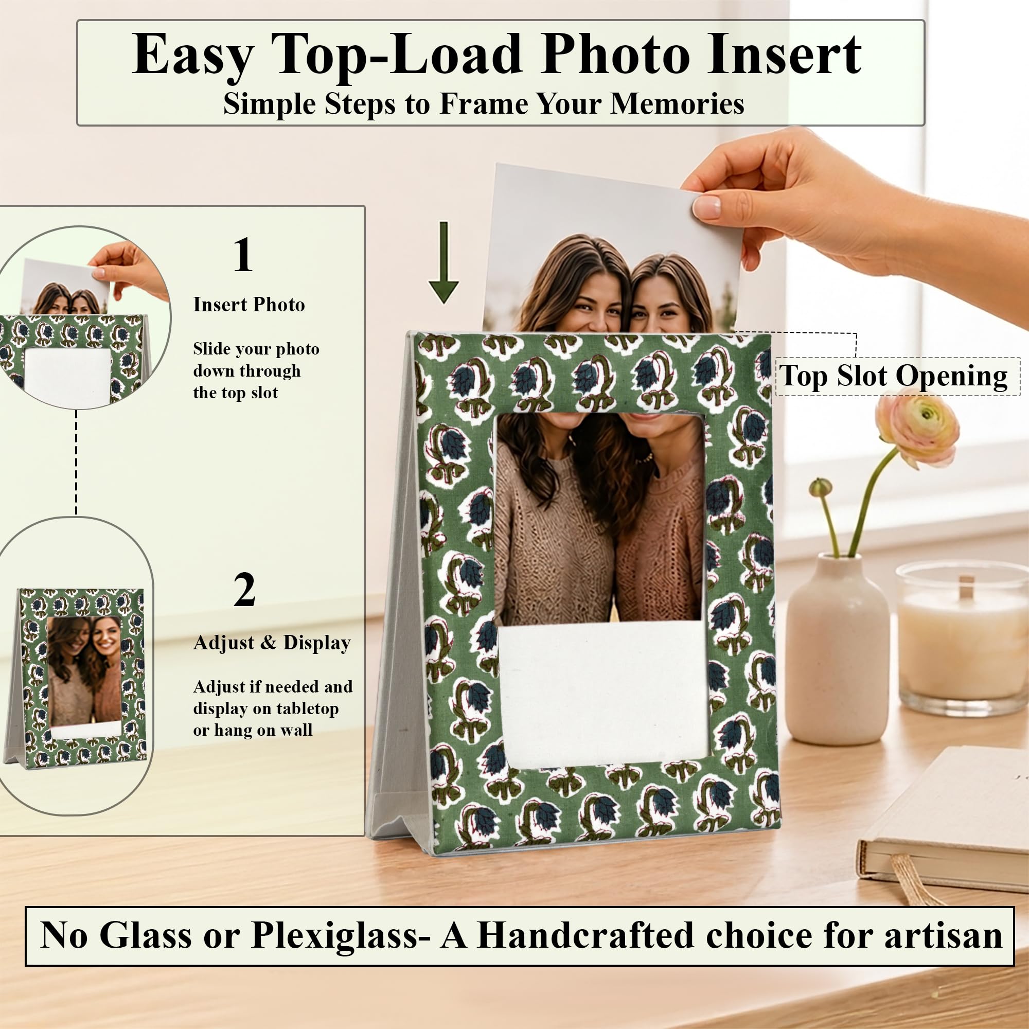 Hand Block Print Cotton Picture Frame - Basil Green