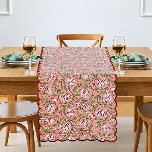 Ridhi strawberry pink hand block print embroidered cotton table runner