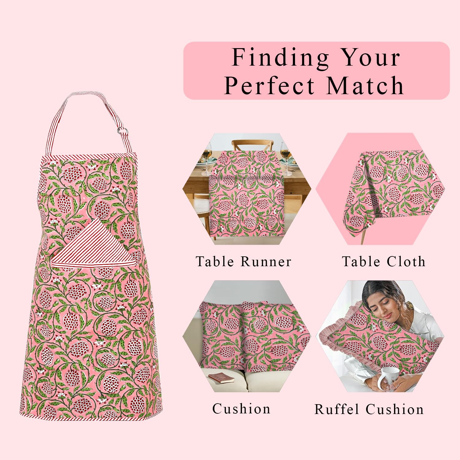 Hand Block Print Cotton Kitchen Apron - Dark Salmon Pink