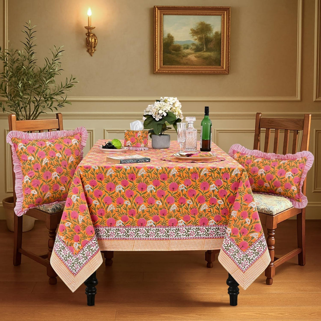 Bubblegum Pink Square & Rectangle Tablecloth Ridhi Block Print