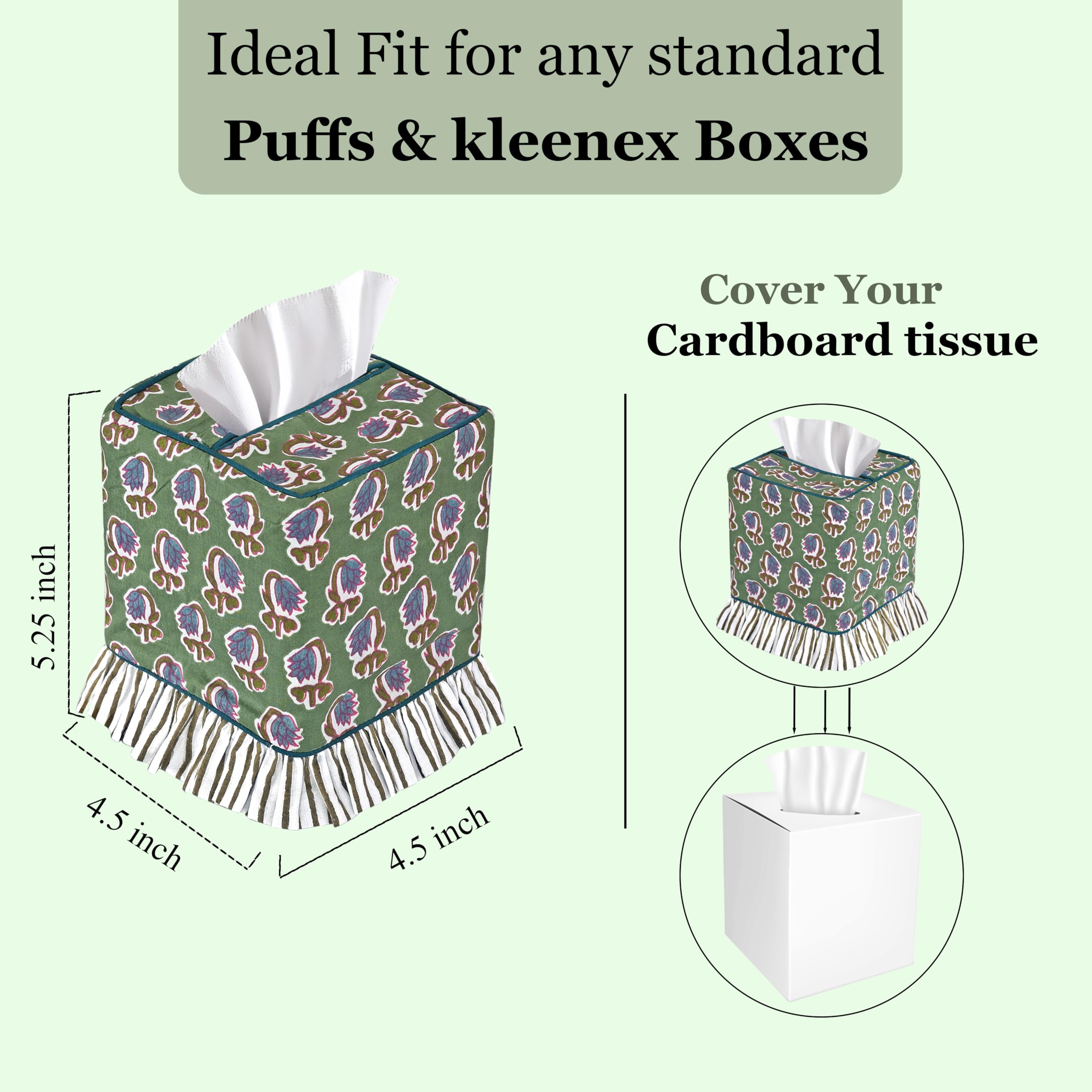 Hand Block Print Cotton Tissue Box Cover - Basil Green