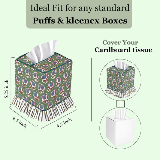 Hand Block Print Cotton Tissue Box Cover - Basil Green