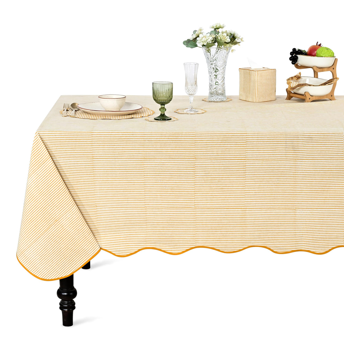 Hand Block Print Cotton Tablecloth - Warm Saffron Yellow Stripe