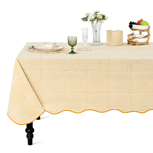 Hand Block Print Cotton Tablecloth - Warm Saffron Yellow Stripe