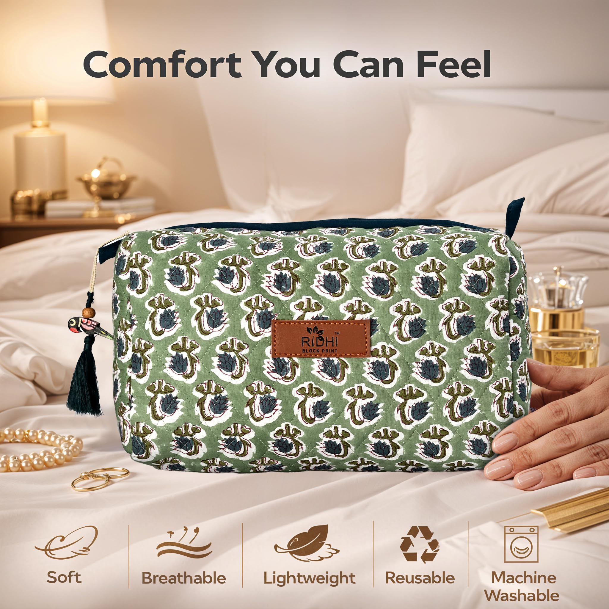 Hand Block Print Cotton Cosmetic Bag - Basil Green