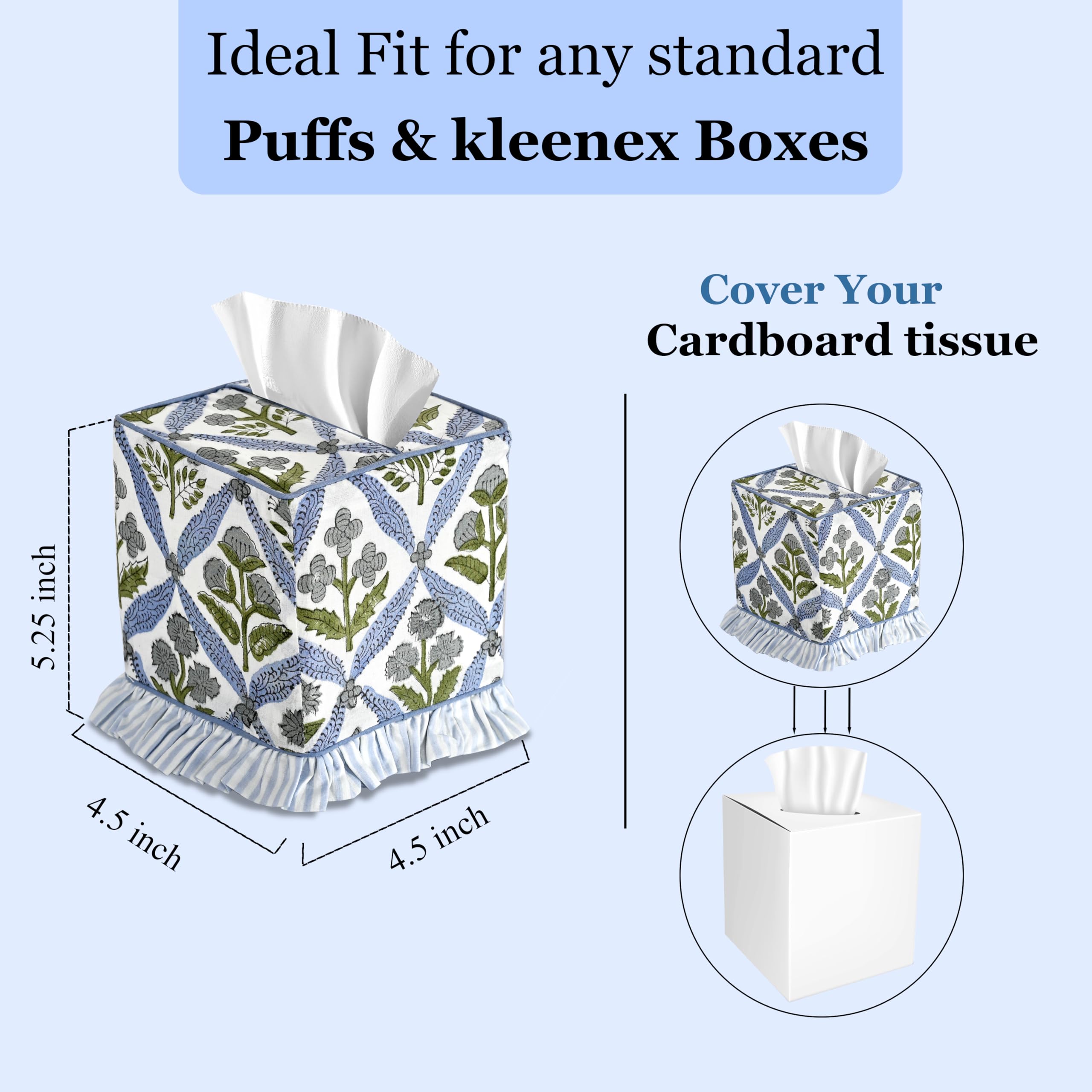 Hand Block Print Cotton Tissue Box Cover - Light Steel Blue