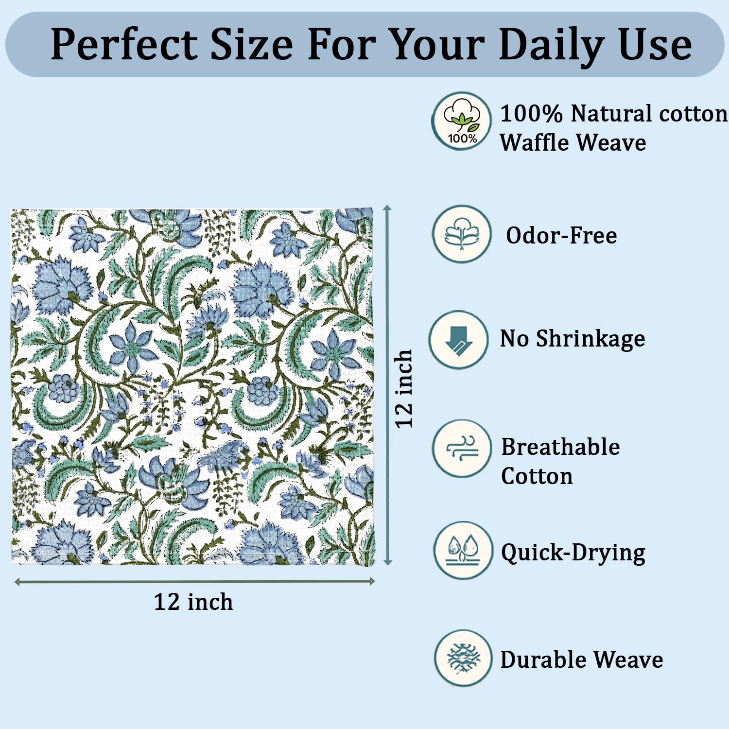 Hand Block Print Cotton Kitchen Towel - Columbia Blue