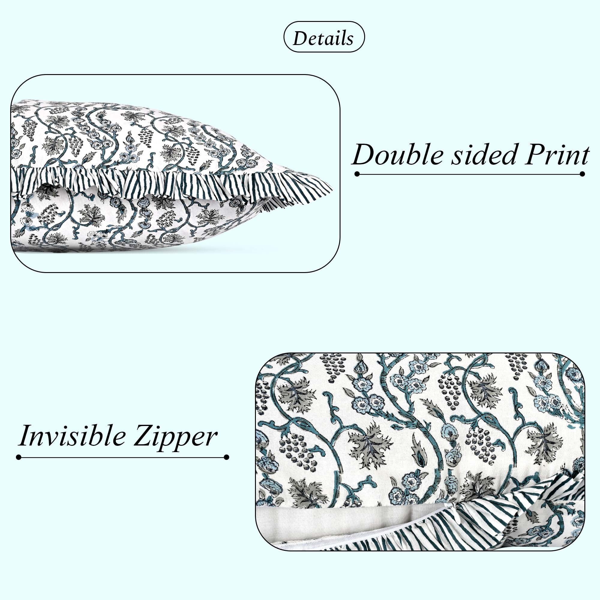 Hand Block Print Cotton Throw Pillow Cover - Baby Blue Eyes