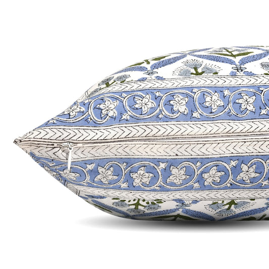 Hand Block Print Cotton Throw Pillow Cover - Light Steel Blue