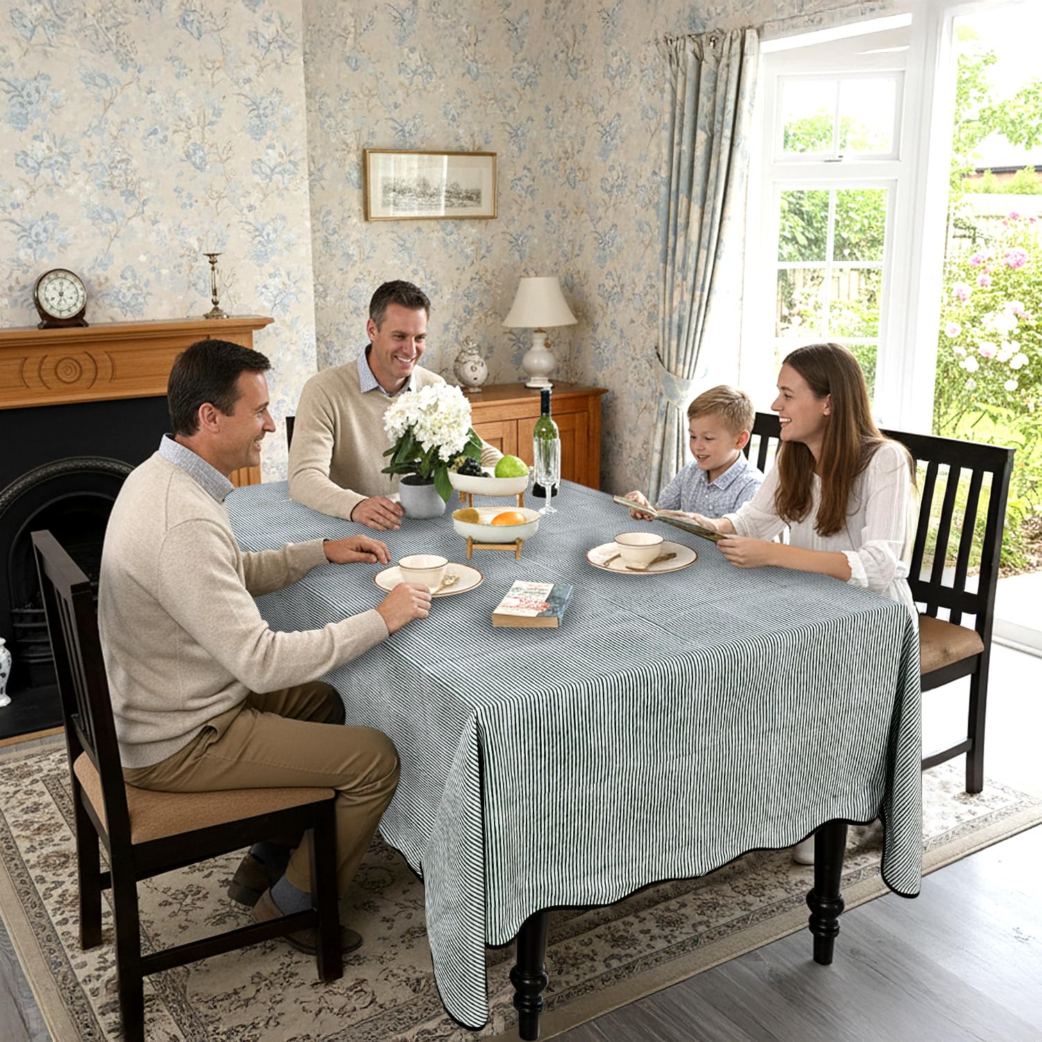 Hand Block Print Cotton Tablecloth - Forest Green Stripe