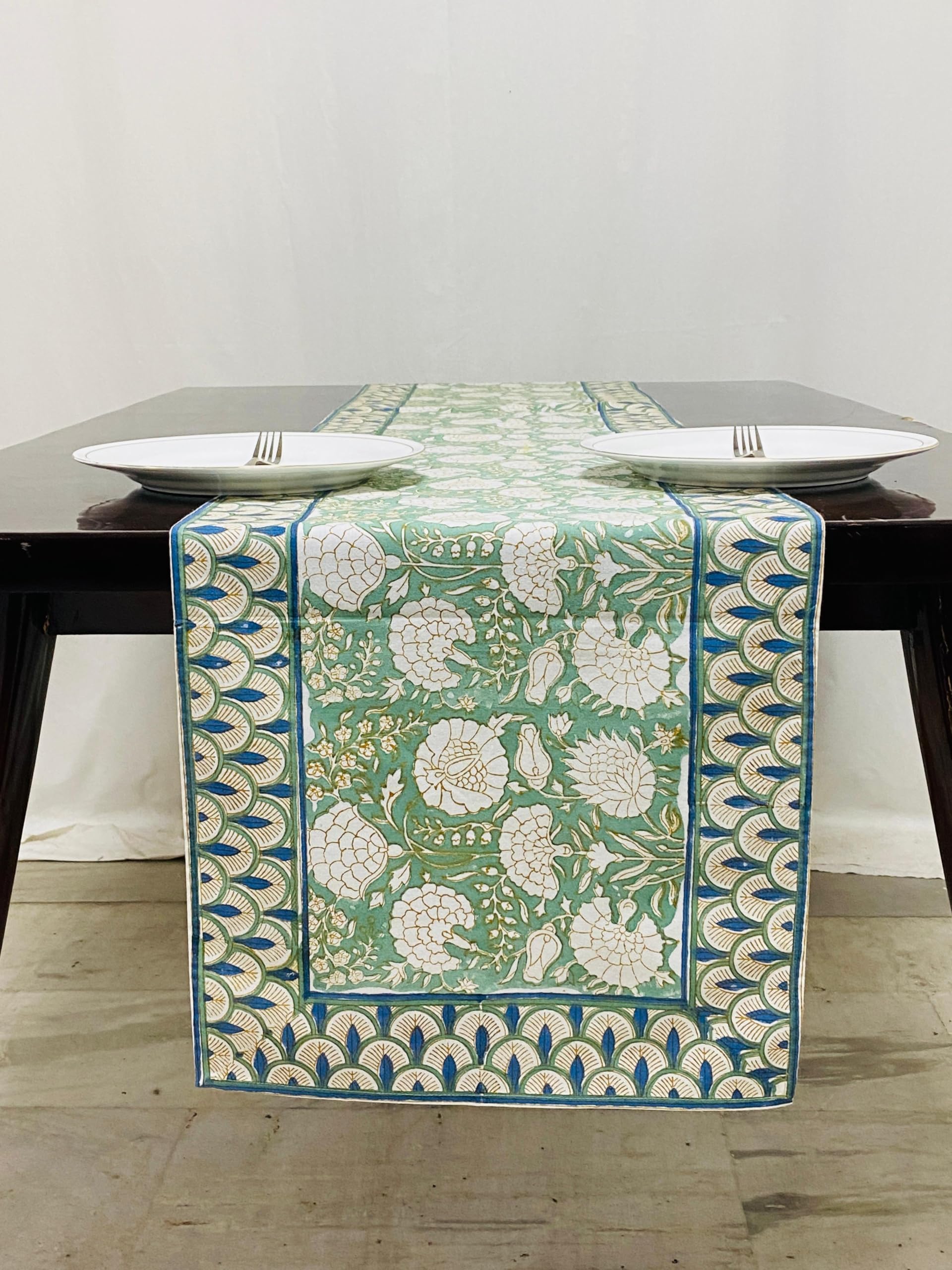 Hand Block Print Cotton Table Runner - Moss Green