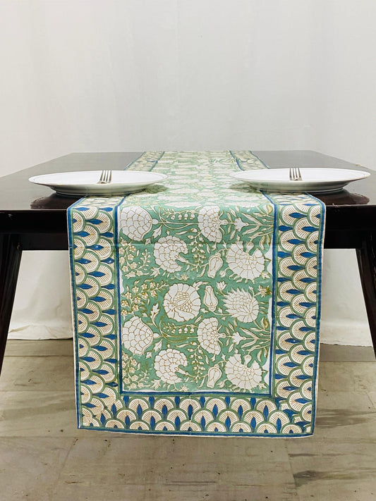 Hand Block Print Cotton Table Runner - Moss Green