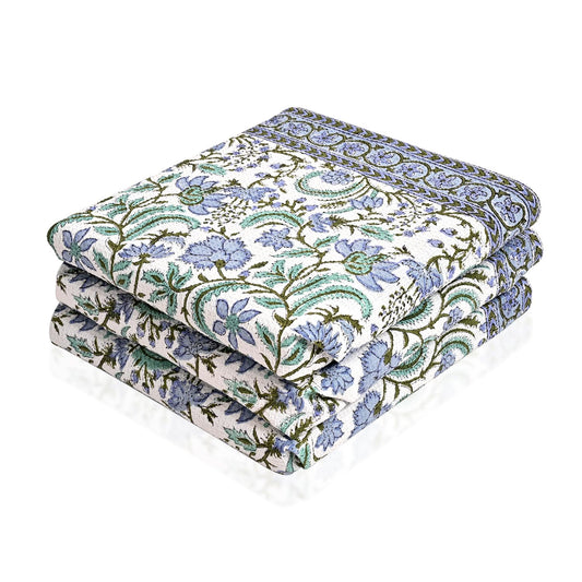 Hand Block Print Cotton Kitchen Towel - Columbia Blue