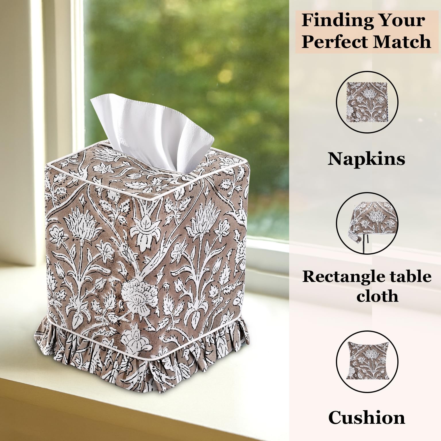 Hand Block Print Cotton Tissue Box Cover - Taupe