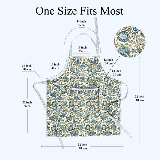 Hand Block Print Cotton Kitchen Apron - Asparagus Green