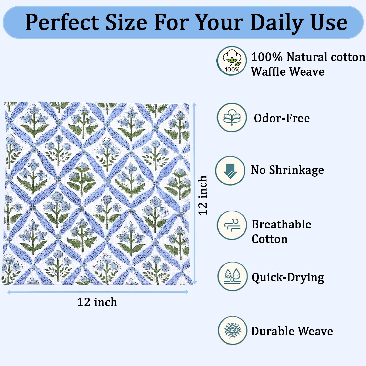 Hand Block Print Cotton Kitchen Towel - Light Steel Blue