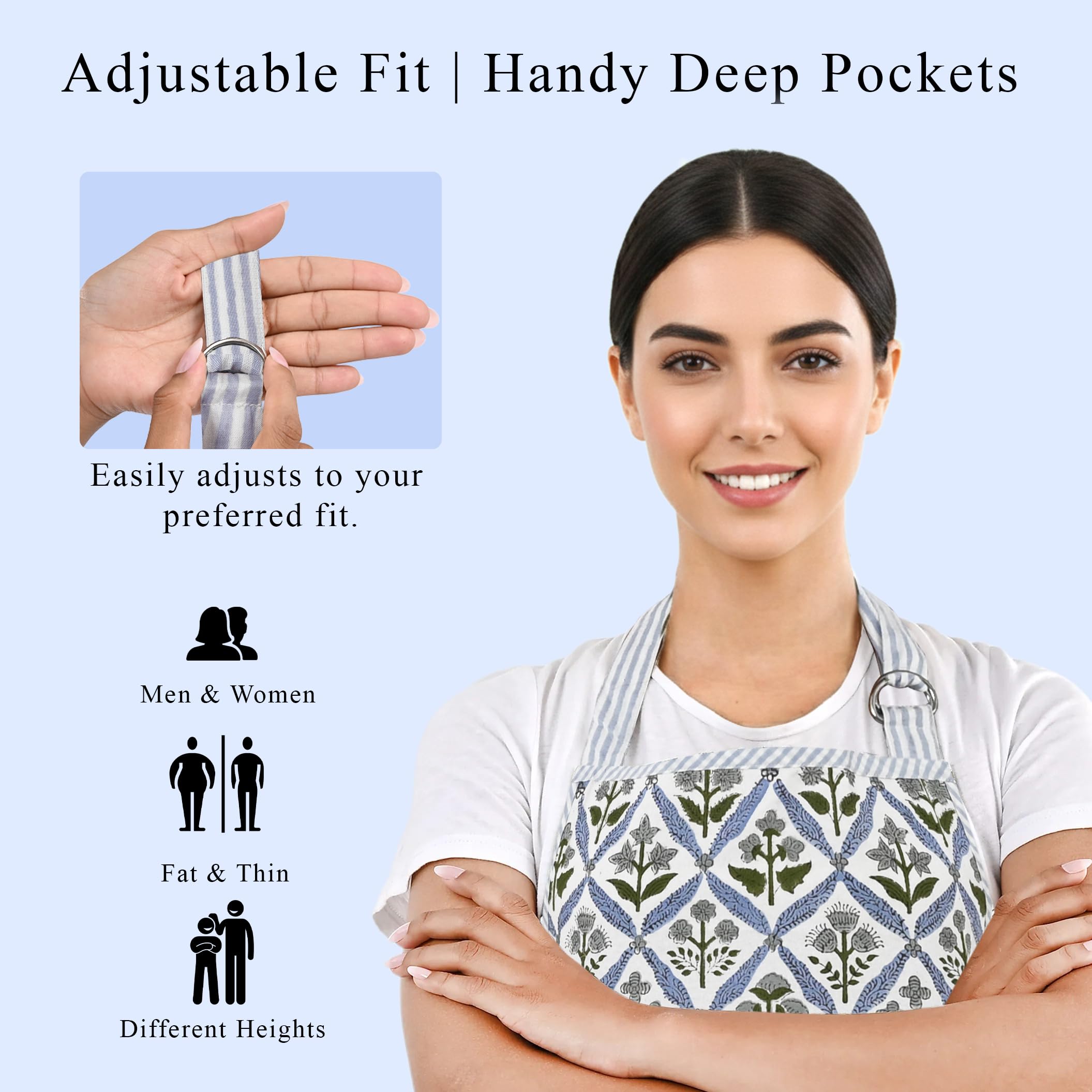Hand Block Print Cotton Kitchen Apron - Light Steel Blue