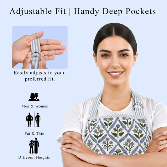 Hand Block Print Cotton Kitchen Apron - Light Steel Blue