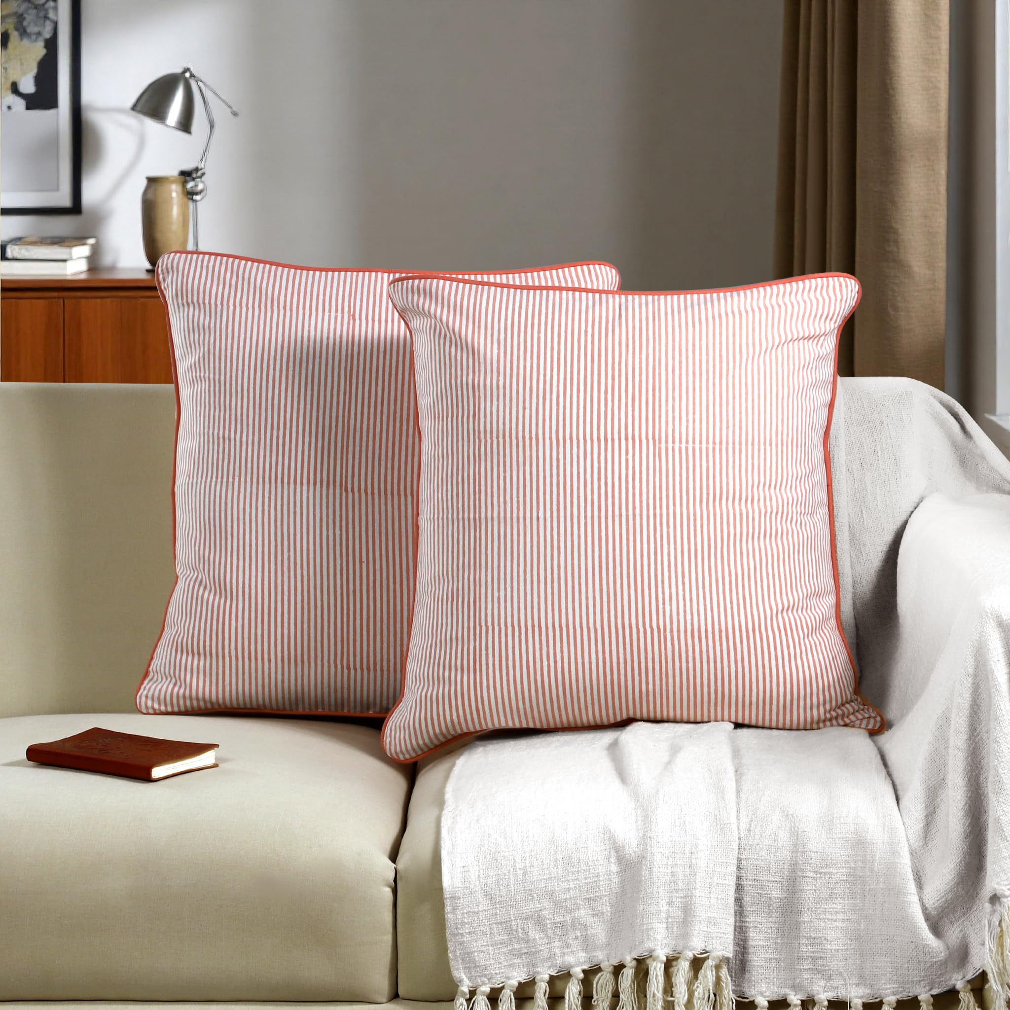 Hand Block Print Cotton Throw Pillow Cover - Pink Stripe