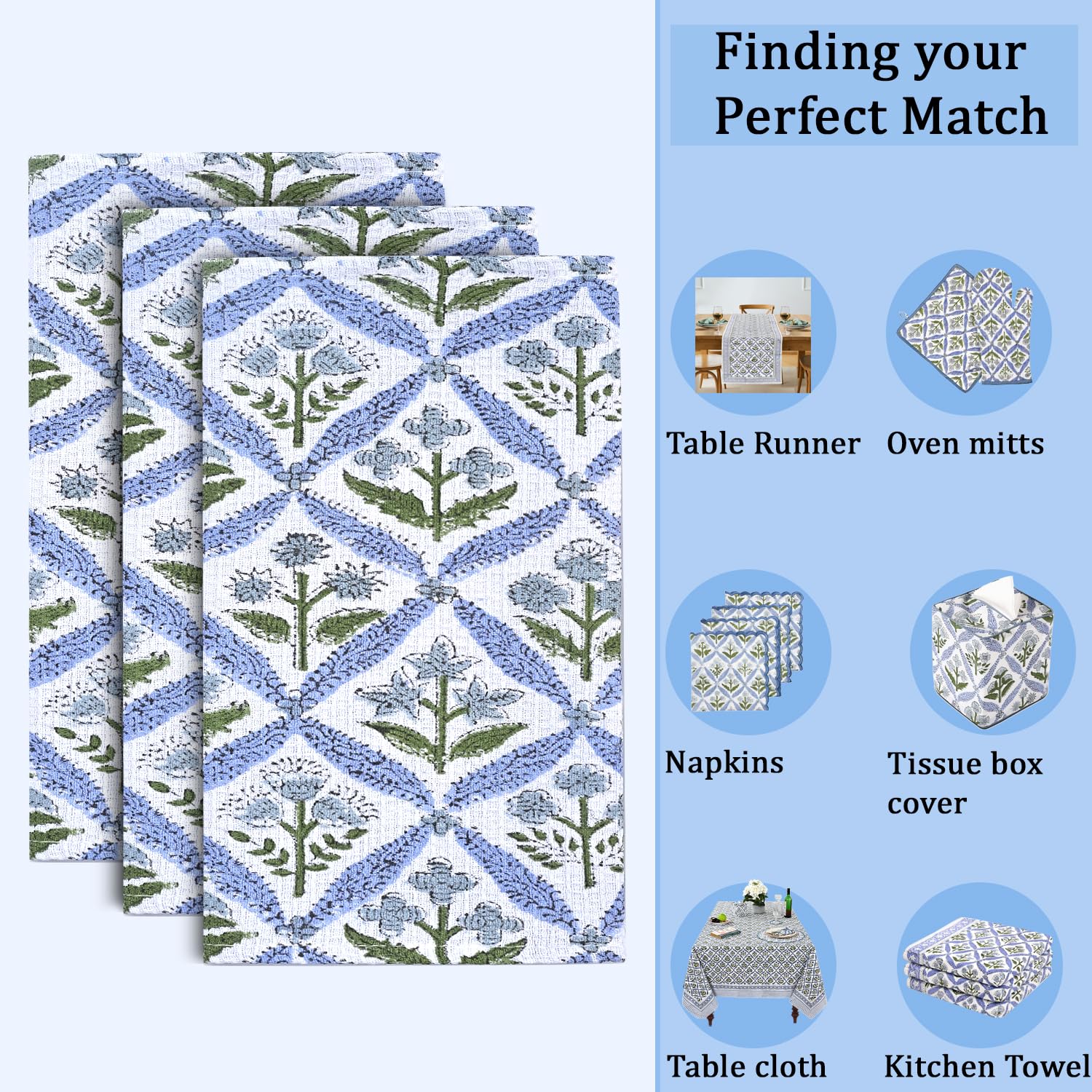 Hand Block Print Cotton Kitchen Towel - Light Steel Blue