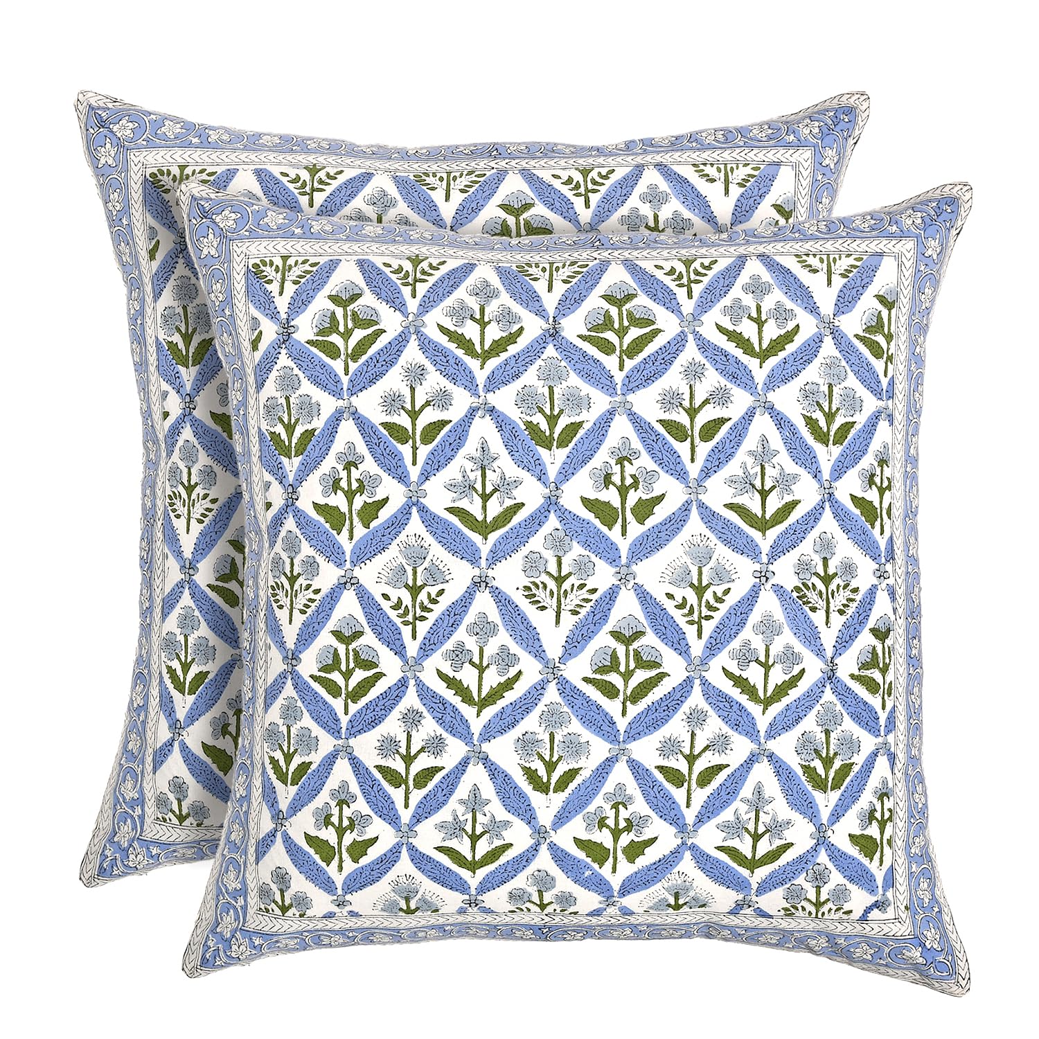 Hand Block Print Cotton Throw Pillow Cover - Light Steel Blue