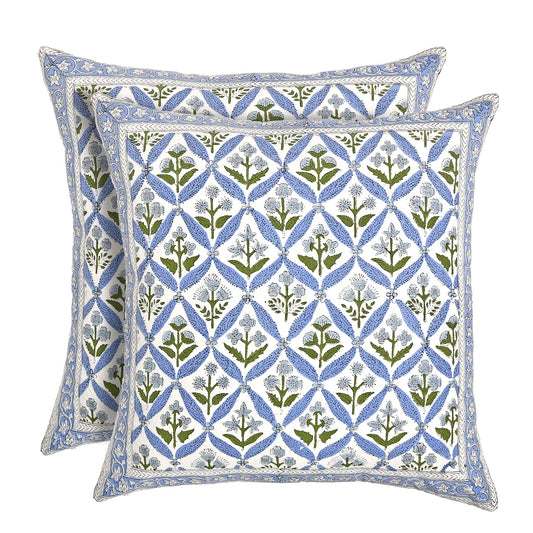 Hand Block Print Cotton Throw Pillow Cover - Light Steel Blue