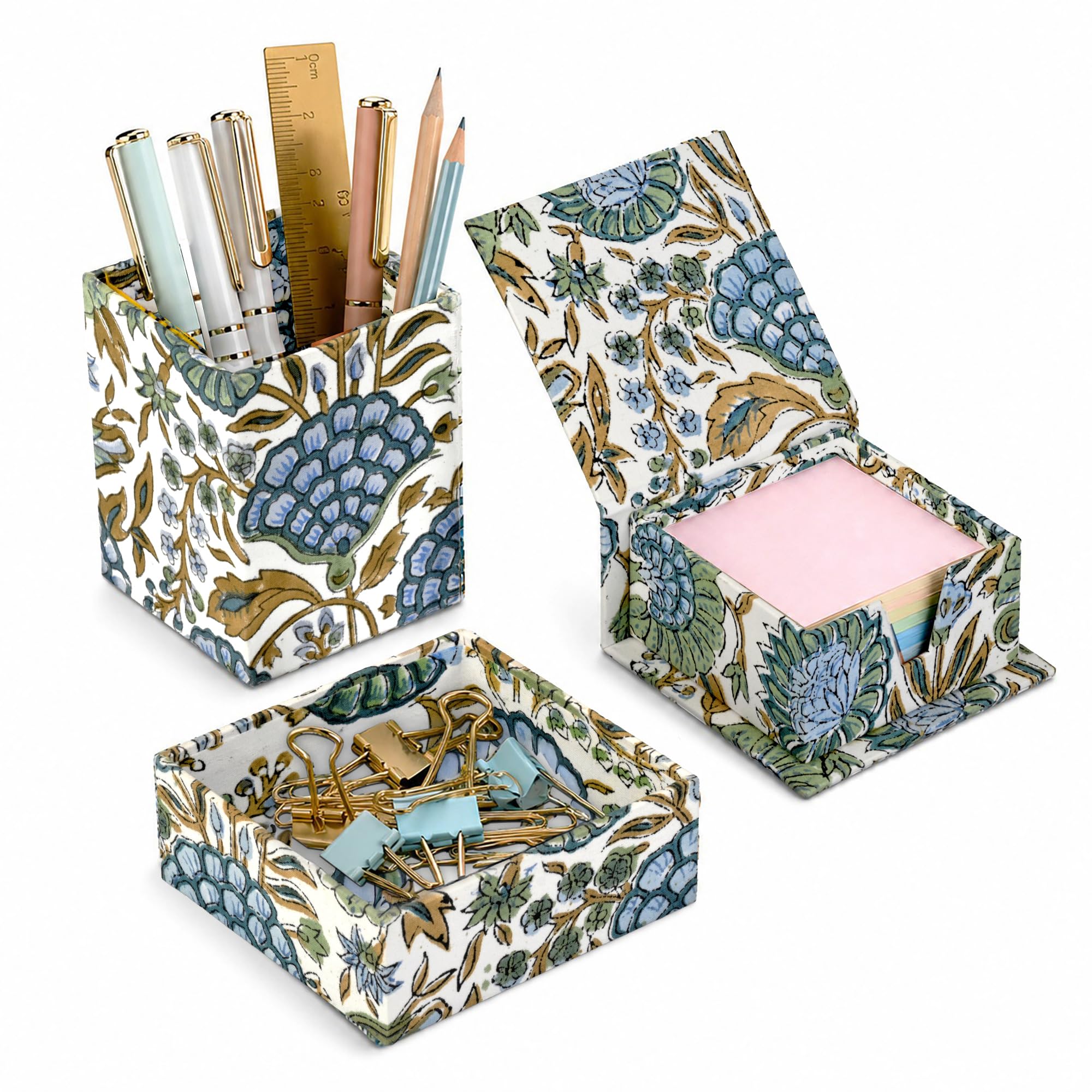 Hand Block Print Cotton Desk Organizer - Asparagus Green