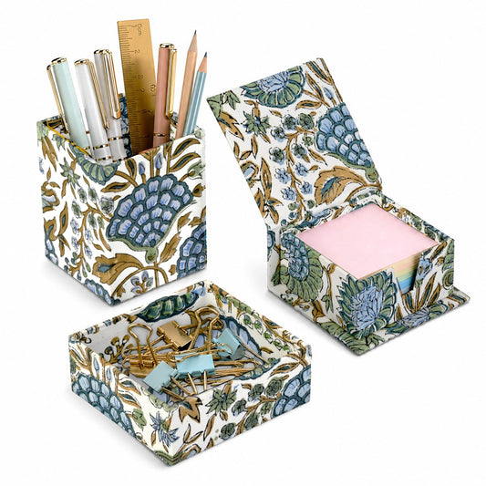 Hand Block Print Cotton Desk Organizer - Asparagus Green