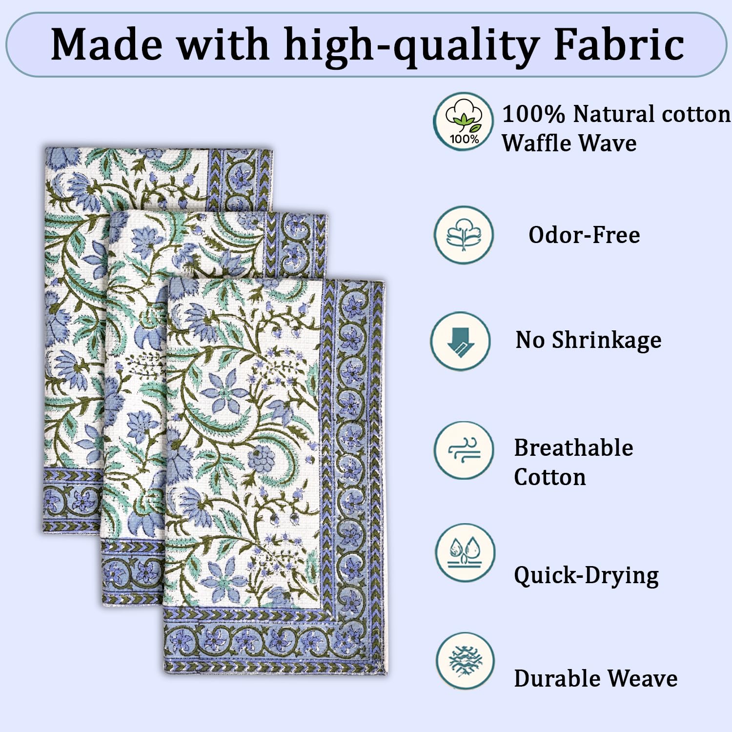 Hand Block Print Cotton Kitchen Towel - Columbia Blue