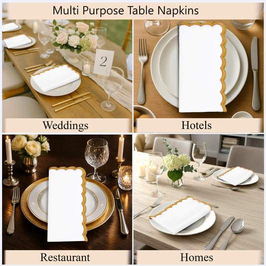 Hand Block Print Cotton Cloth Napkin - White with Champagne Gold Edge