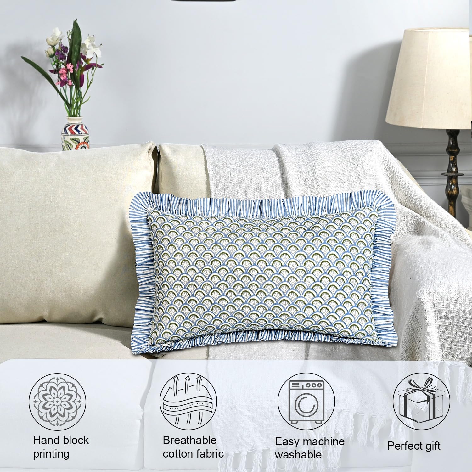 Hand Block Print Cotton Throw Pillow Cover - Hand Fan Harmony