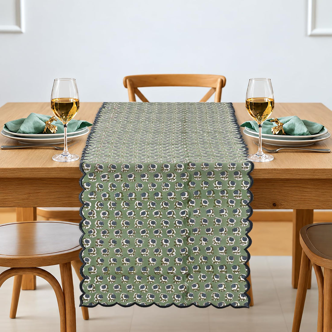 Ridhi basil green hand block print embroidered cotton table runner