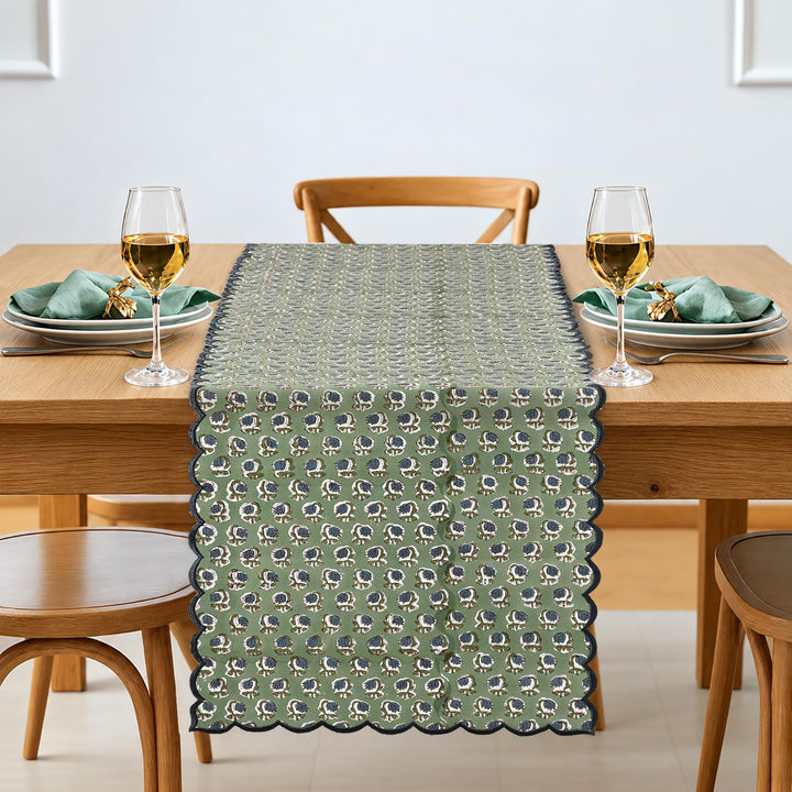 Ridhi basil green hand block print embroidered cotton table runner