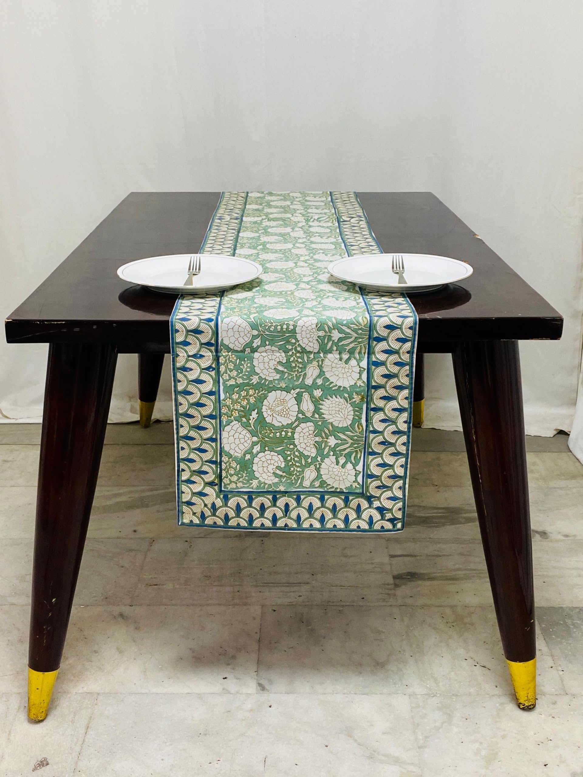 Hand Block Print Cotton Table Runner - Moss Green