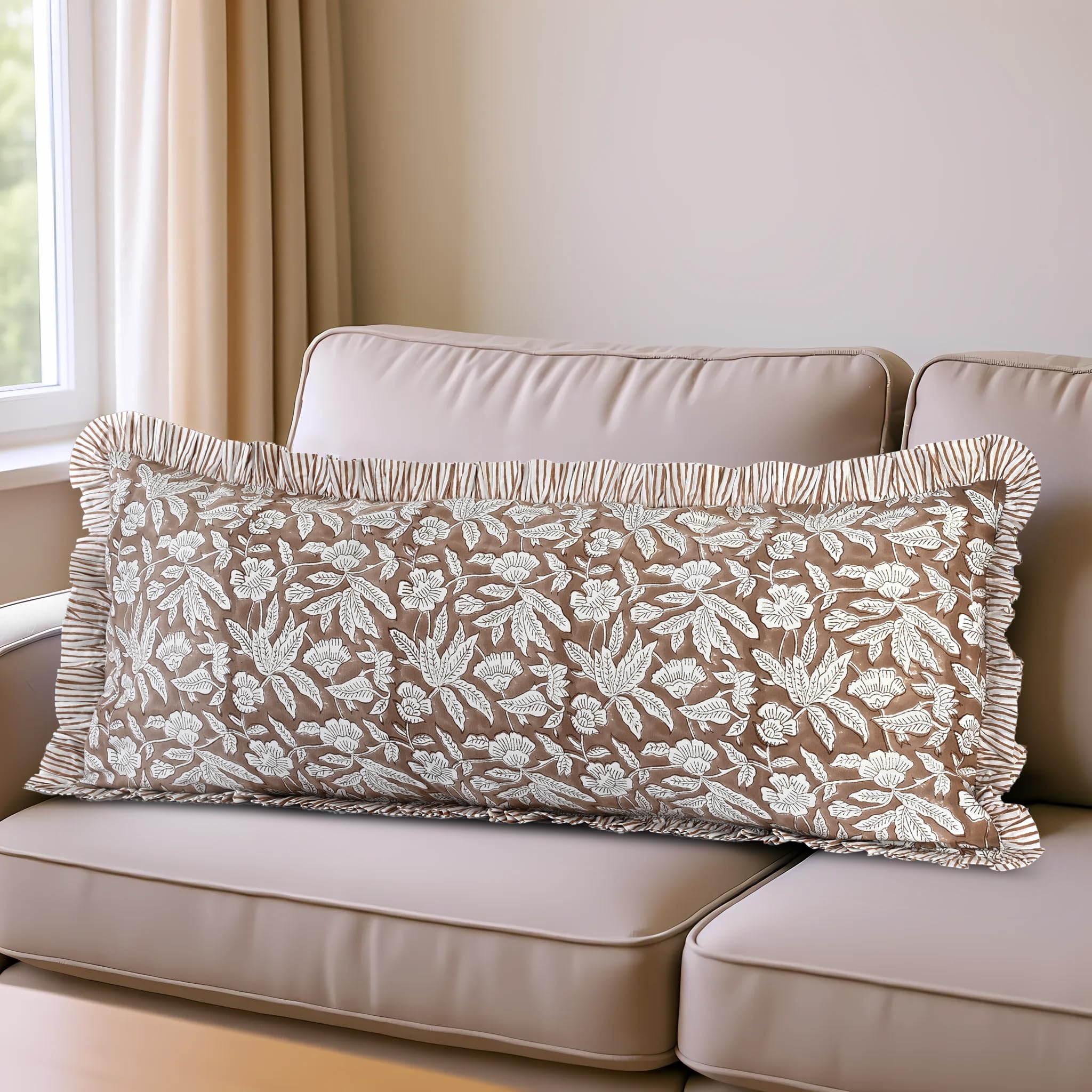 Hand Block Print Cotton Throw Pillow Cover - Oak Brown
