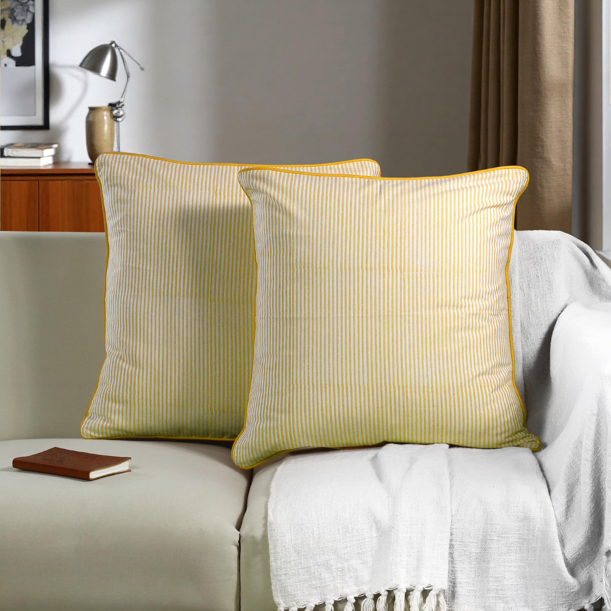 Hand Block Print Cotton Throw Pillow Cover - Yellow Stripe