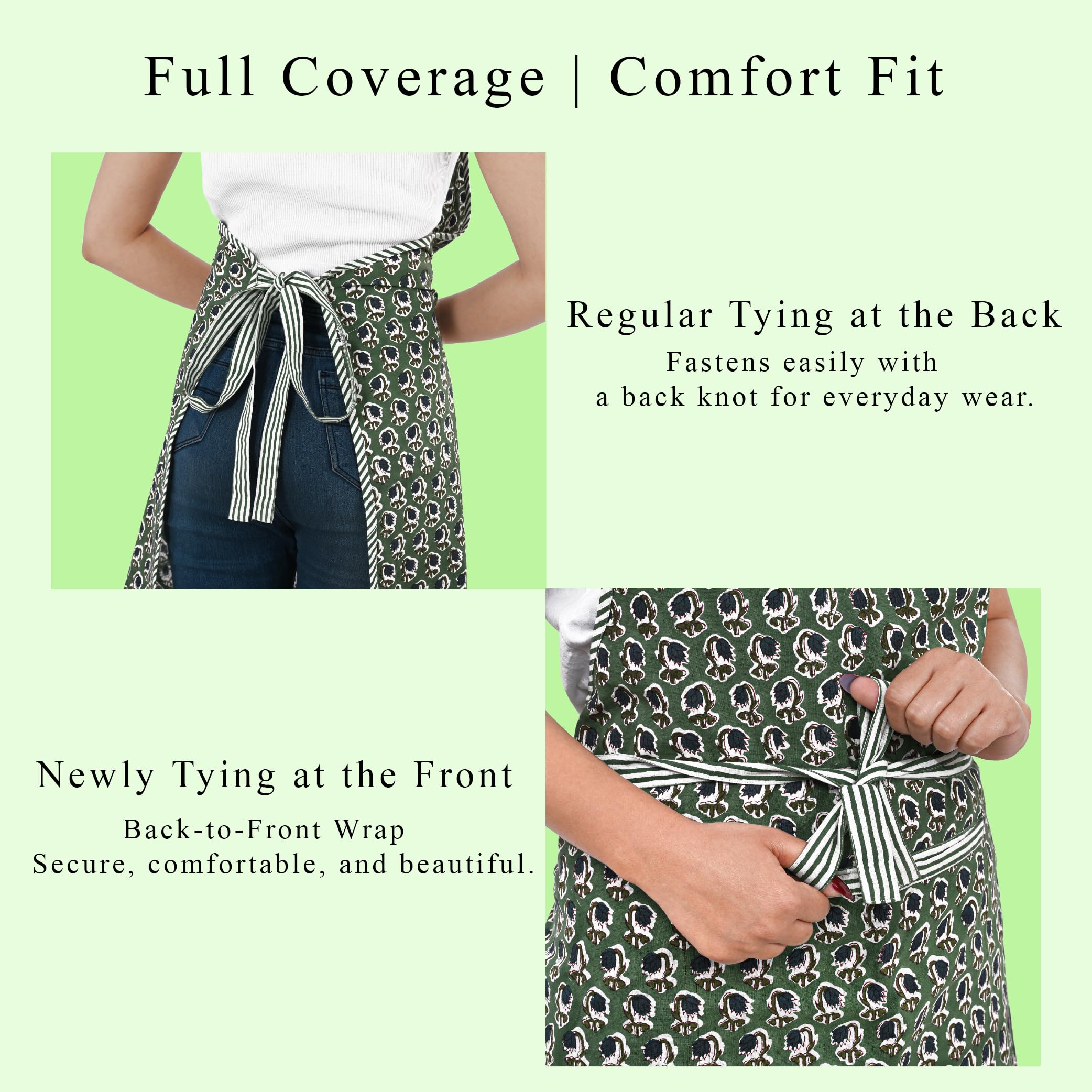 Hand Block Print Cotton Kitchen Apron - Basil Green