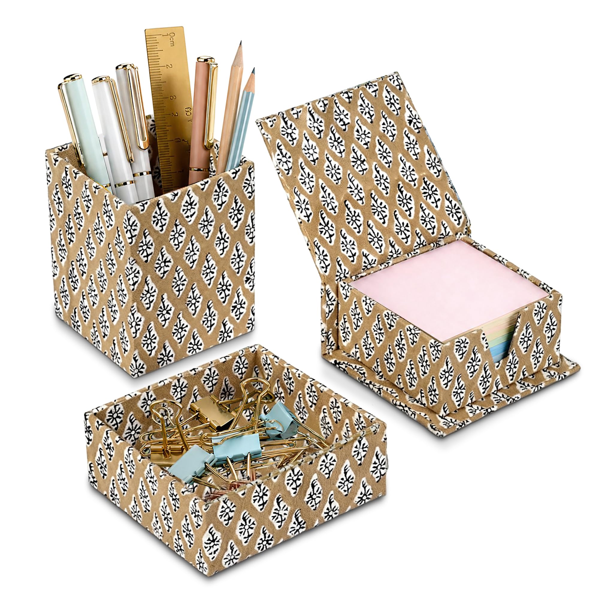 Hand Block Print Cotton Desk Organizer - Fullers Earth Powder