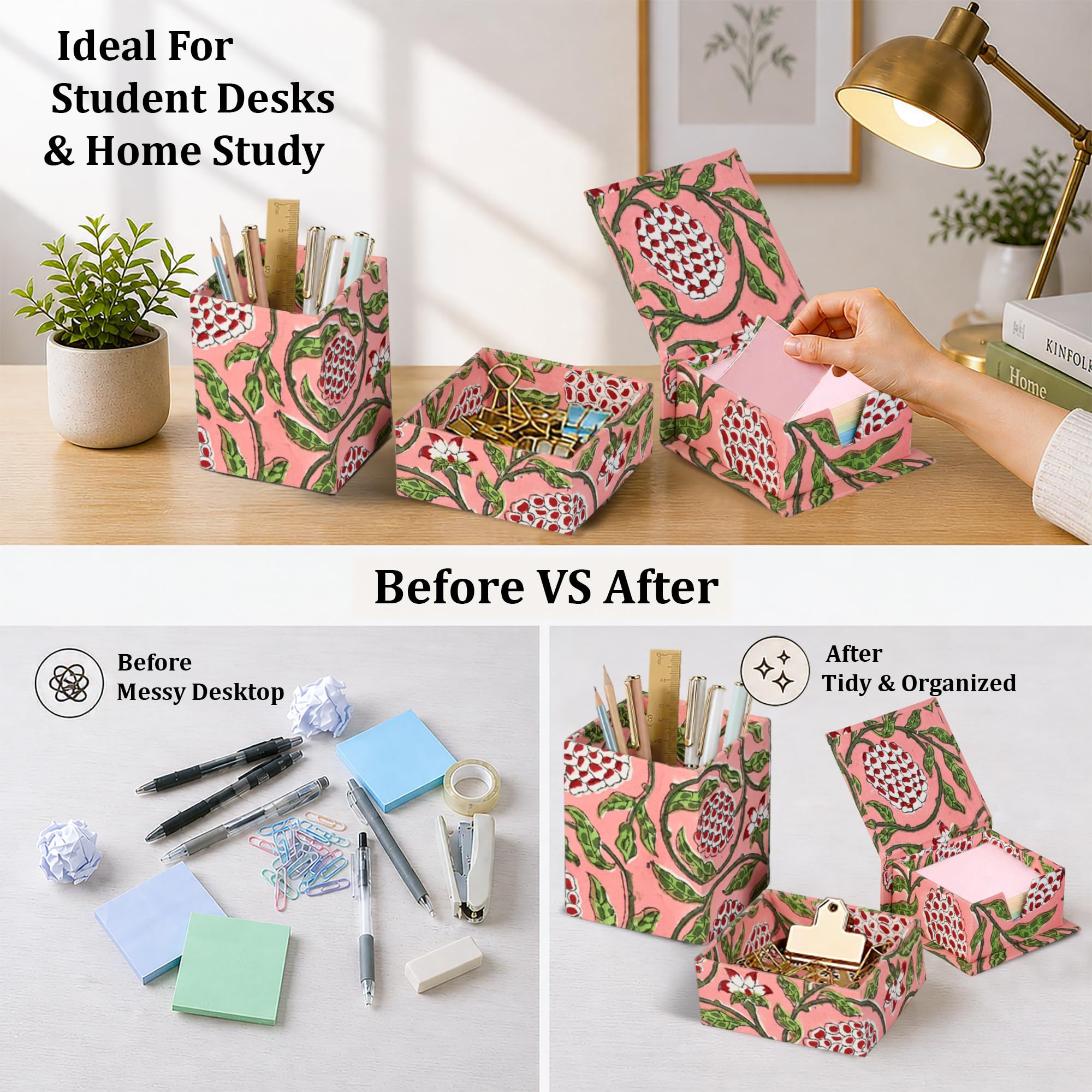 Hand Block Print Cotton Desk Organizer - Strawberry Pink
