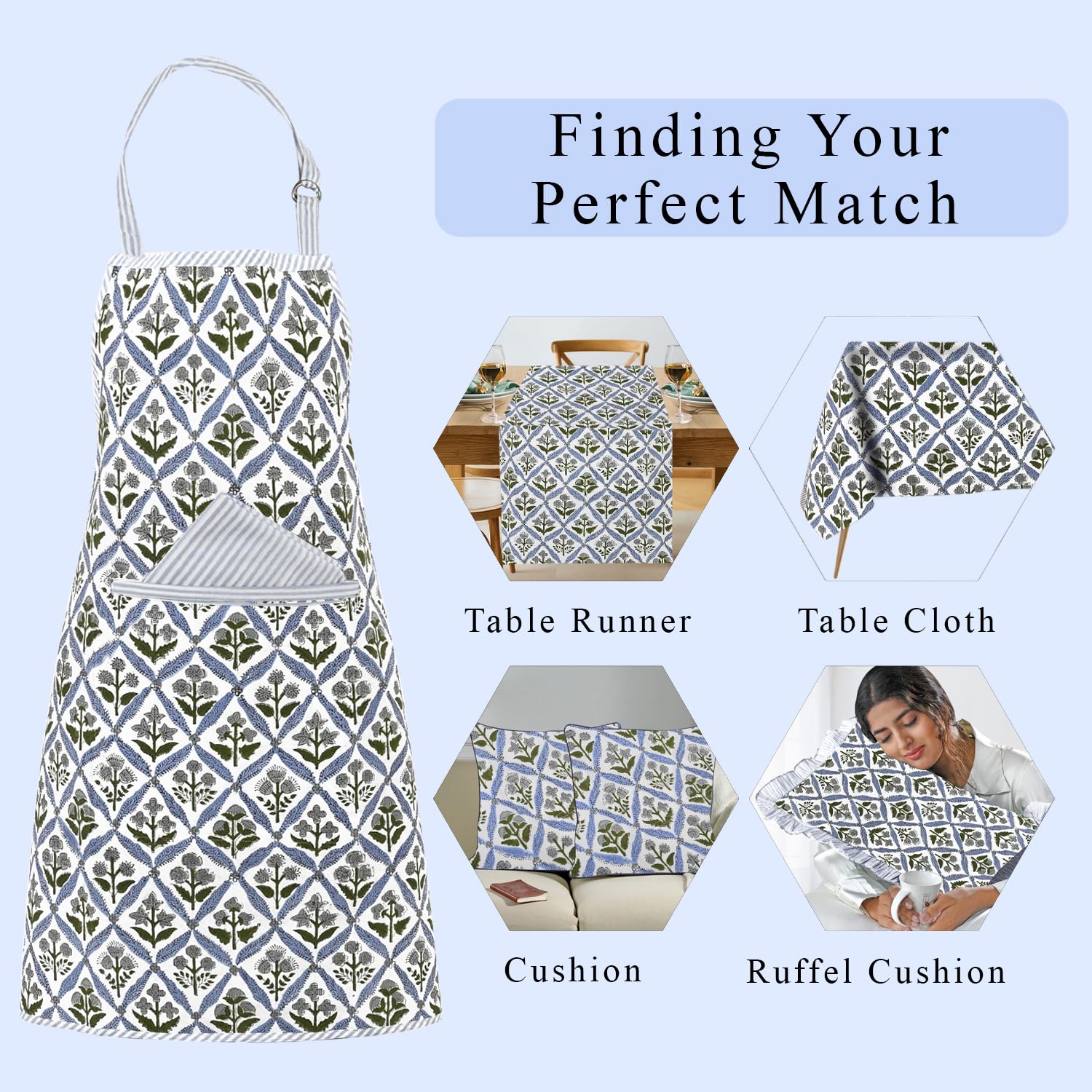 Hand Block Print Cotton Kitchen Apron - Light Steel Blue