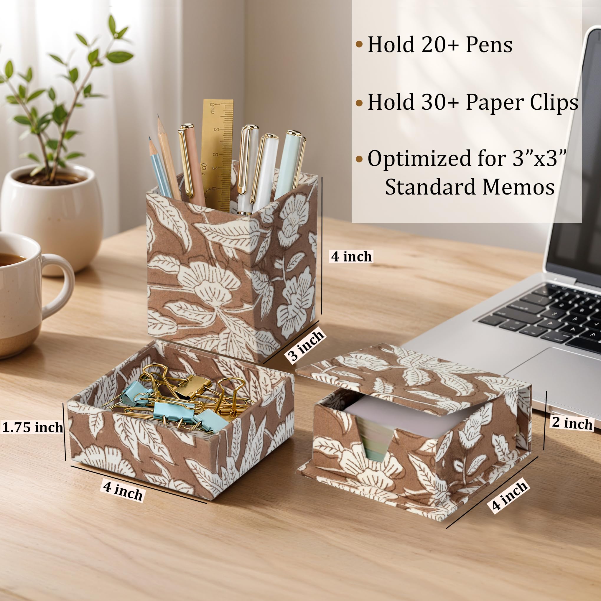 Hand Block Print Cotton Desk Organizer - Oak Brown