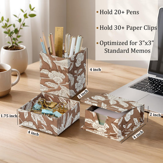Hand Block Print Cotton Desk Organizer - Oak Brown