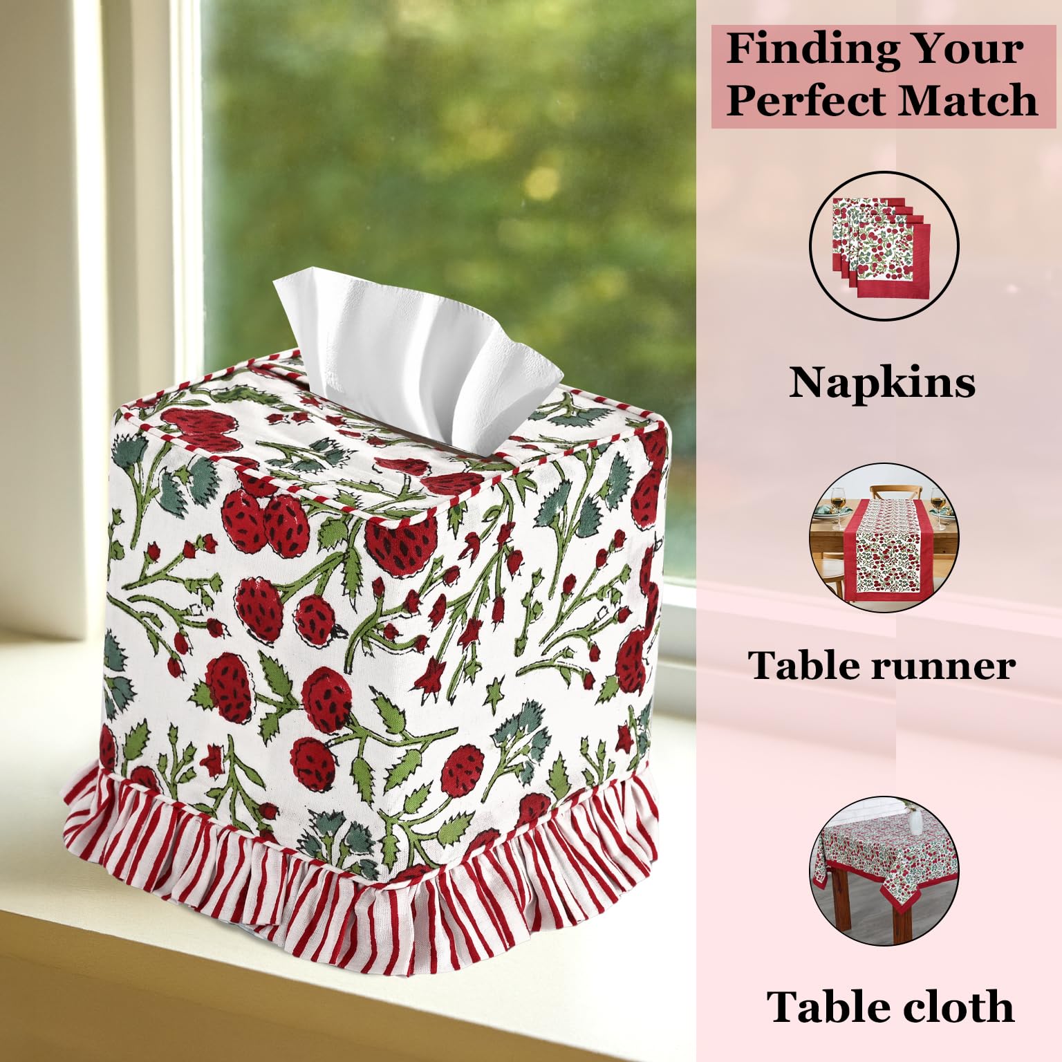 Hand Block Print Cotton Tissue Box Cover - Red Garnet