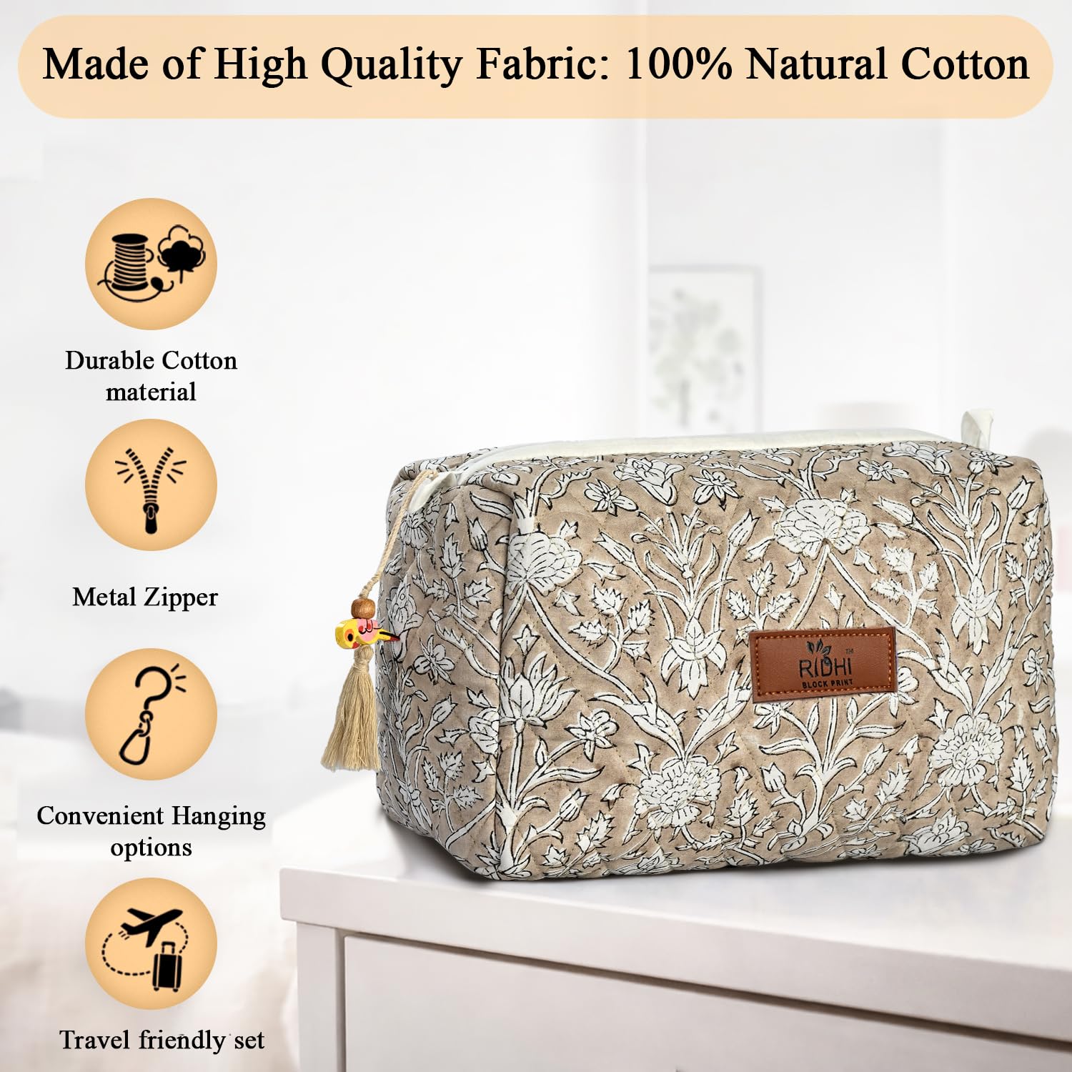 Hand Block Print Cotton Cosmetic Bag - Taupe