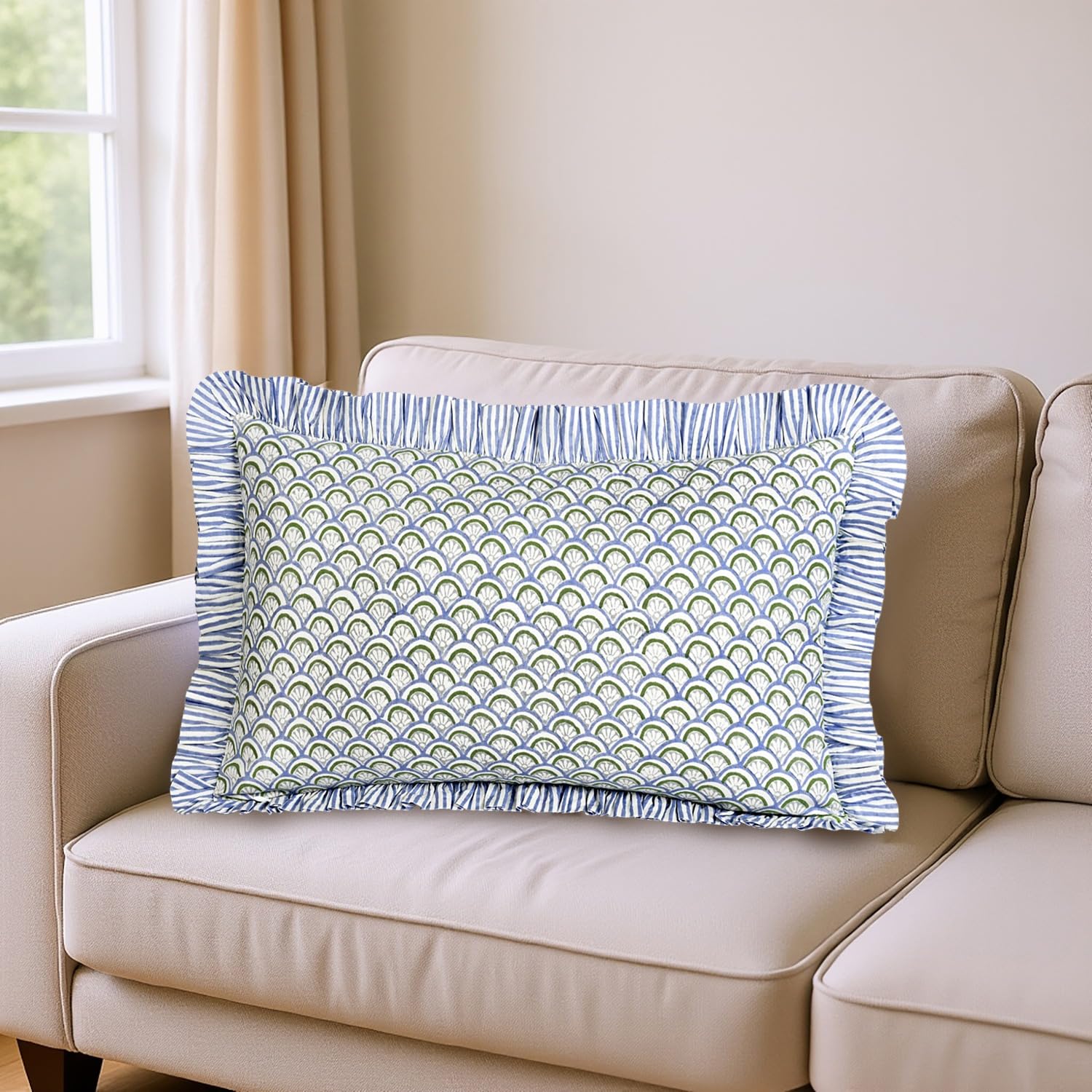 Hand Block Print Cotton Throw Pillow Cover - Hand Fan Harmony