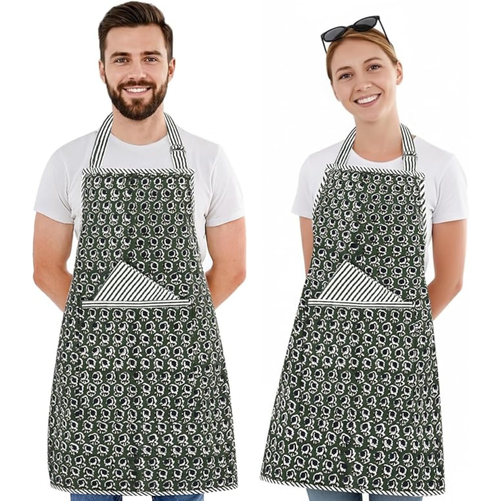 Hand Block Print Cotton Kitchen Apron - Basil Green