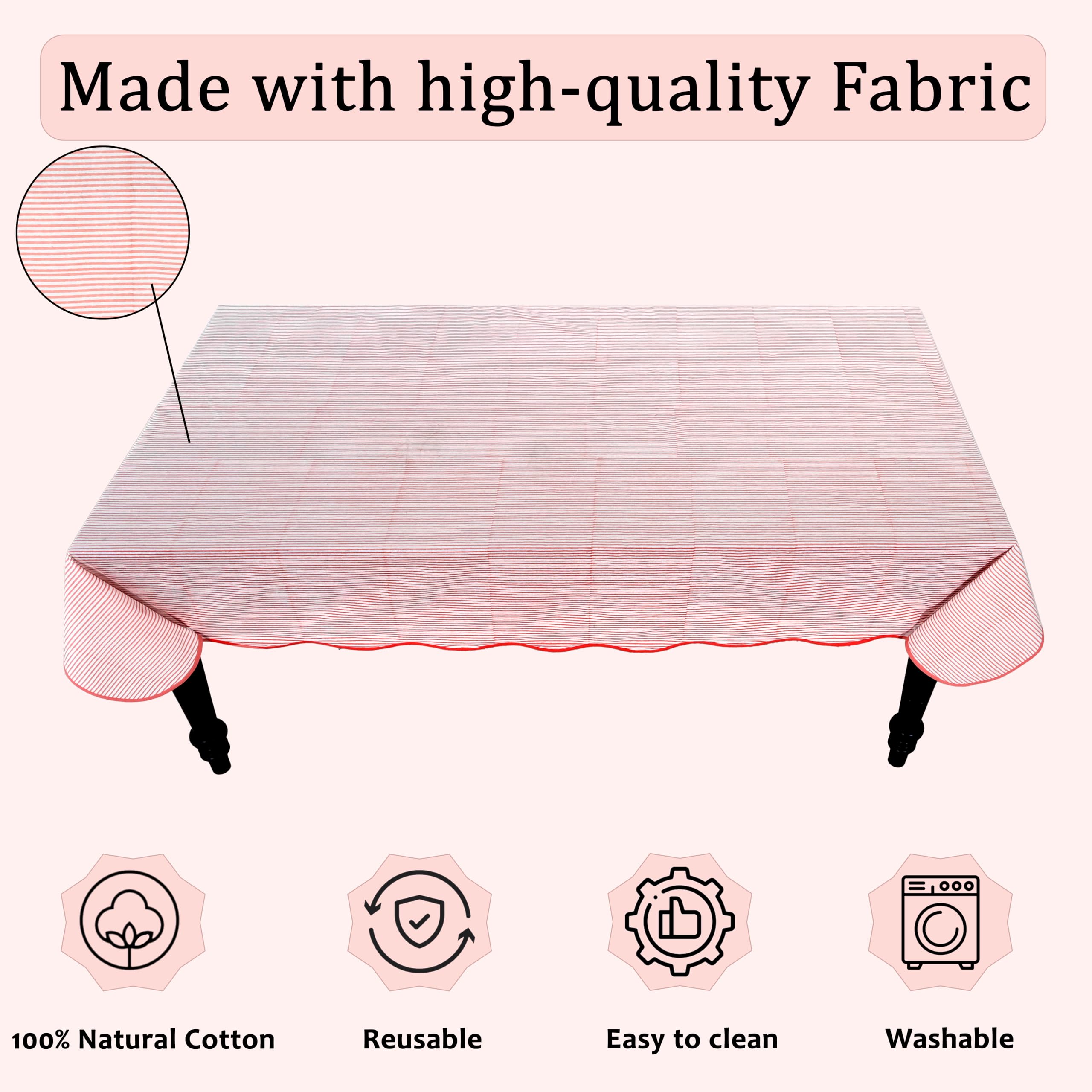 Hand Block Print Cotton Tablecloth - Blush Coral Stripe